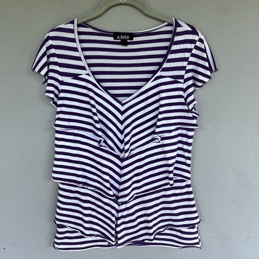 VTG Y2K A. Byer Purple Striped Ruffle Tiered Babydoll Top M Fairycore Romantic
